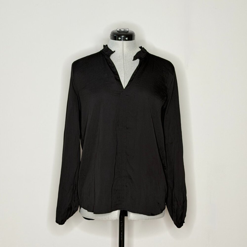 Ann Taylor Black Long Sleeve Ruffle Neck Top - Size XSmall